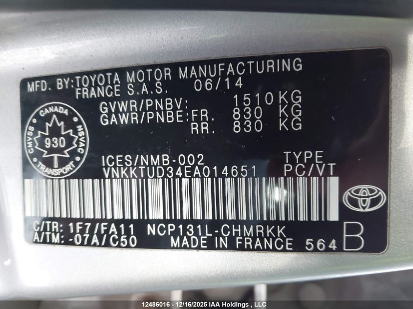 2014 Toyota Yaris Le VIN: VNKKTUD34EA014651 Lot: 12486016