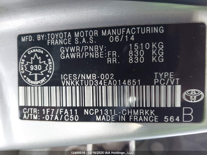 2014 Toyota Yaris Le VIN: VNKKTUD34EA014651 Lot: 12486016