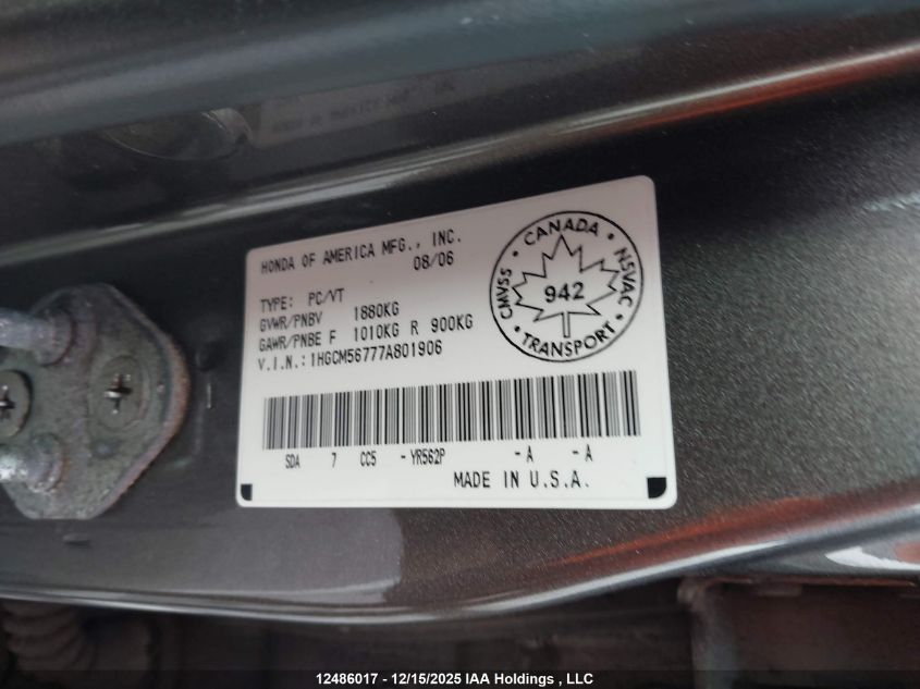 2007 Honda Accord Ex-L/Se VIN: 1HGCM56777A801906 Lot: 12486017