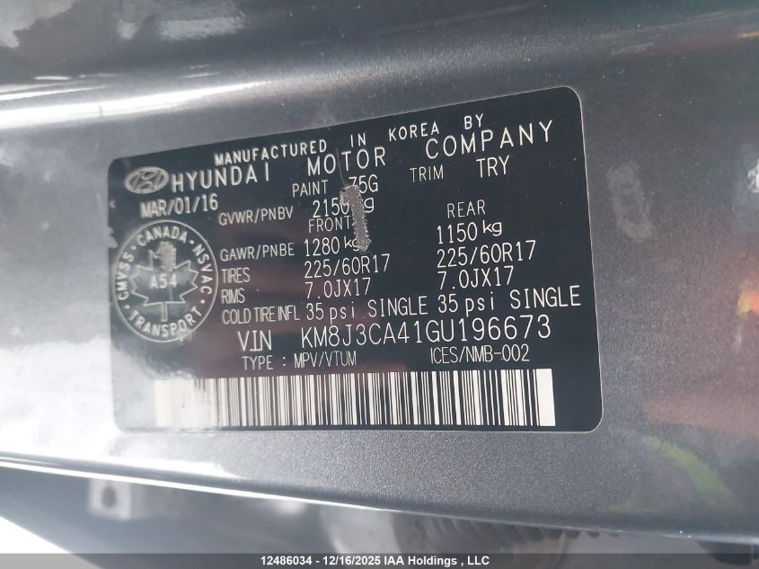 2016 Hyundai Tucson Premium VIN: KM8J3CA41GU196673 Lot: 12486034