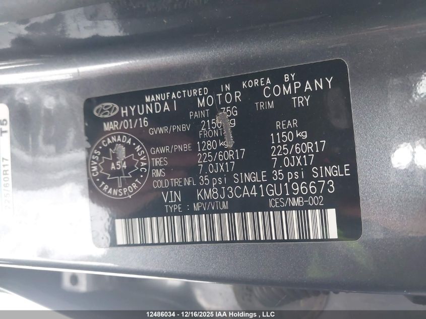 2016 Hyundai Tucson Premium VIN: KM8J3CA41GU196673 Lot: 12486034