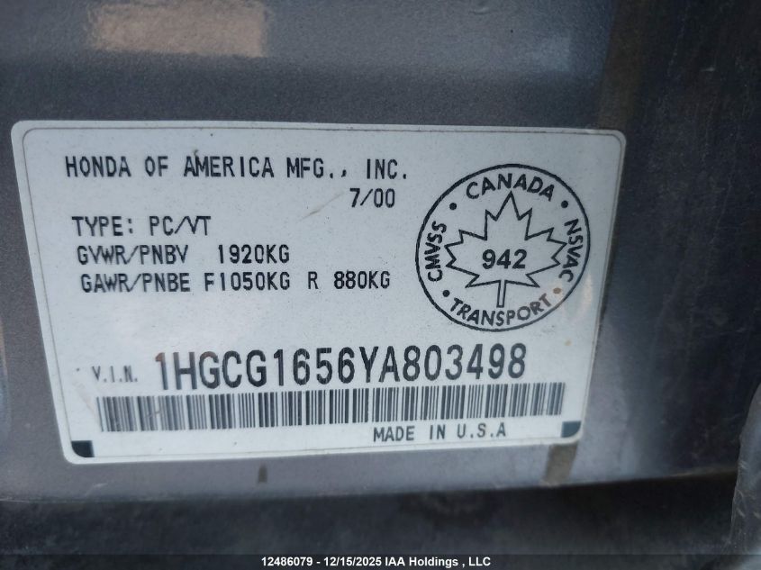 2000 Honda Accord Ex V6 VIN: 1HGCG1656YA803498 Lot: 12486079