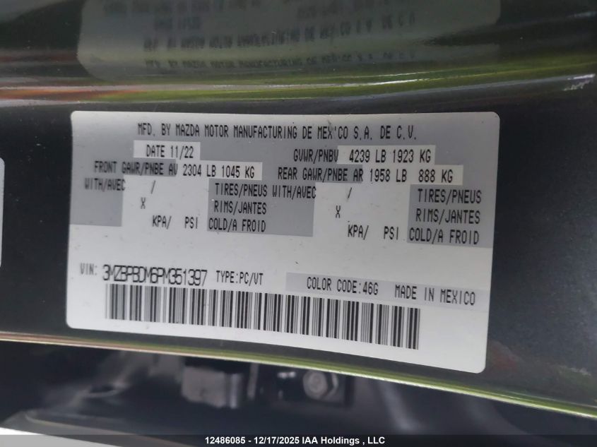 2023 Mazda Mazda3 Gt VIN: 3MZBPBDM6PM351397 Lot: 12486085