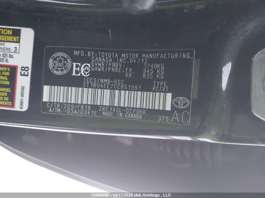 2012 Toyota Corolla Ce VIN: 2T1BU4EE7CC851991 Lot: 12486090