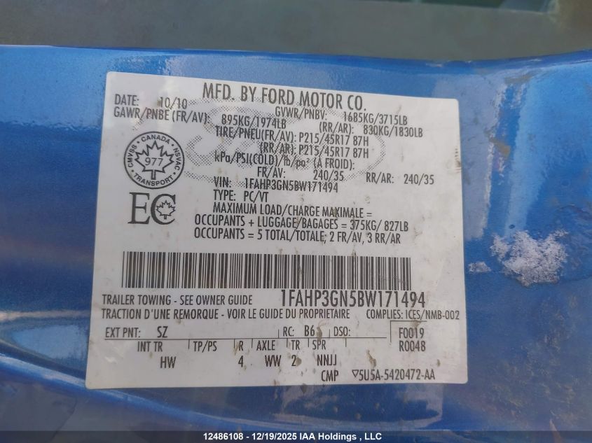 2011 Ford Focus Ses VIN: 1FAHP3GN5BW171494 Lot: 12486108