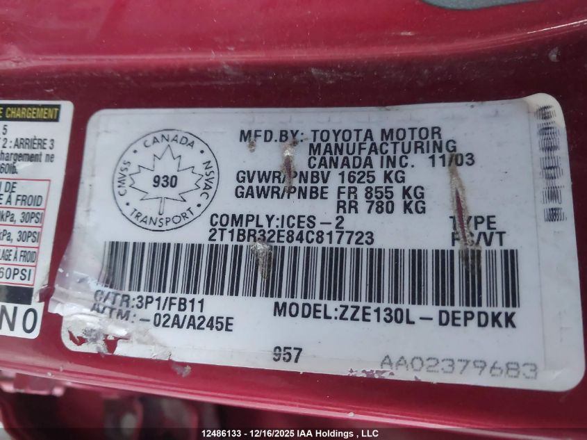 2004 Toyota Corolla Ce/Le/Sport VIN: 2T1BR32E84C817723 Lot: 12486133