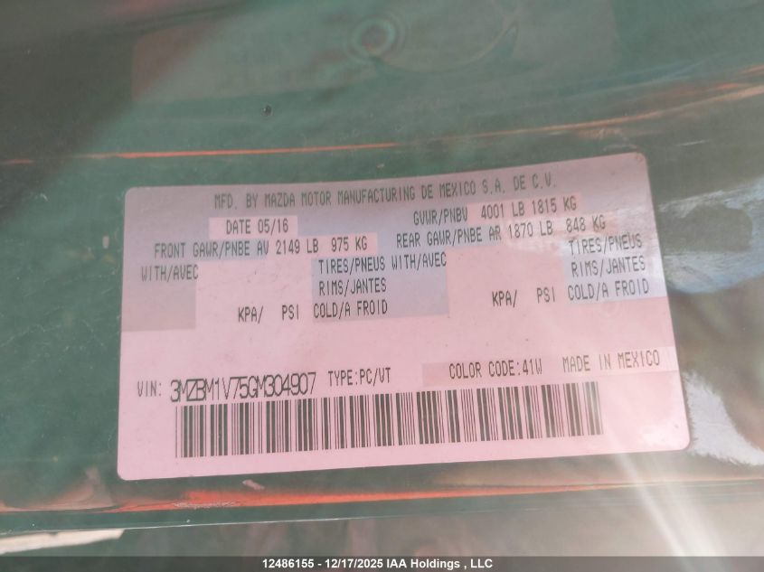 2016 Mazda Mazda3 Gs VIN: 3MZBM1V75GM304907 Lot: 12486155