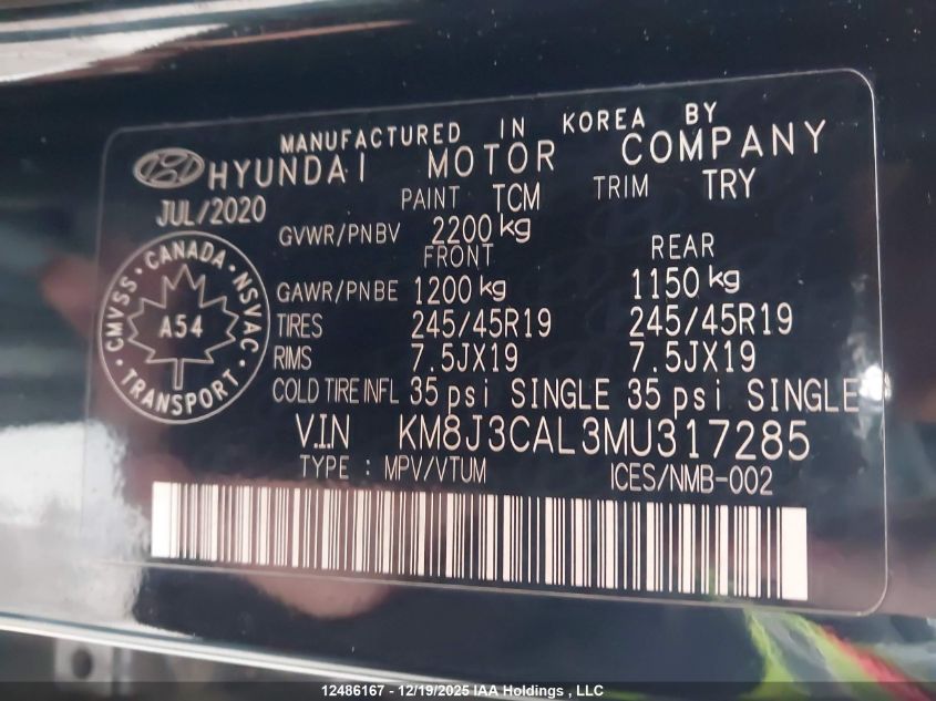 2021 Hyundai Tucson Ultimate VIN: KM8J3CAL3MU317285 Lot: 12486167