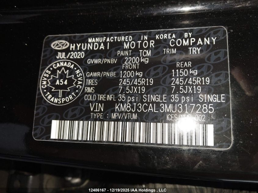 2021 Hyundai Tucson Ultimate VIN: KM8J3CAL3MU317285 Lot: 12486167