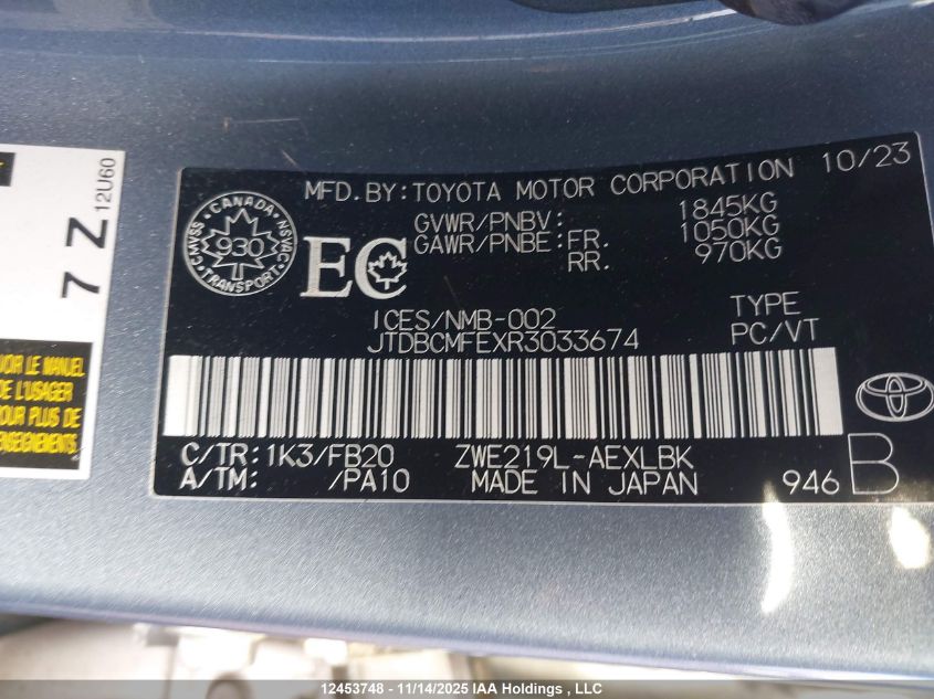 2024 Toyota Corolla Hybrid Le VIN: JTDBCMFEXR3033674 Lot: 12453748X