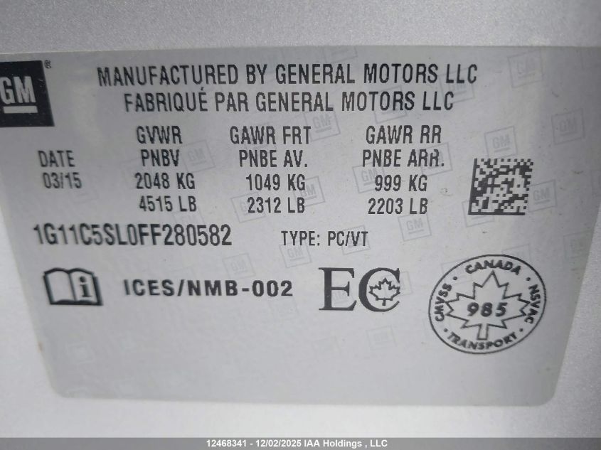 2015 Chevrolet Malibu 1Lt VIN: 1G11C5SL0FF280582 Lot: 12468341X