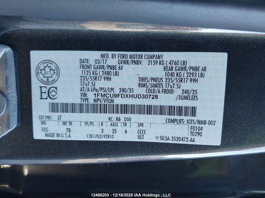 2017 Ford Escape S VIN: 1FMCU9FDXHUD30728 Lot: 12486203