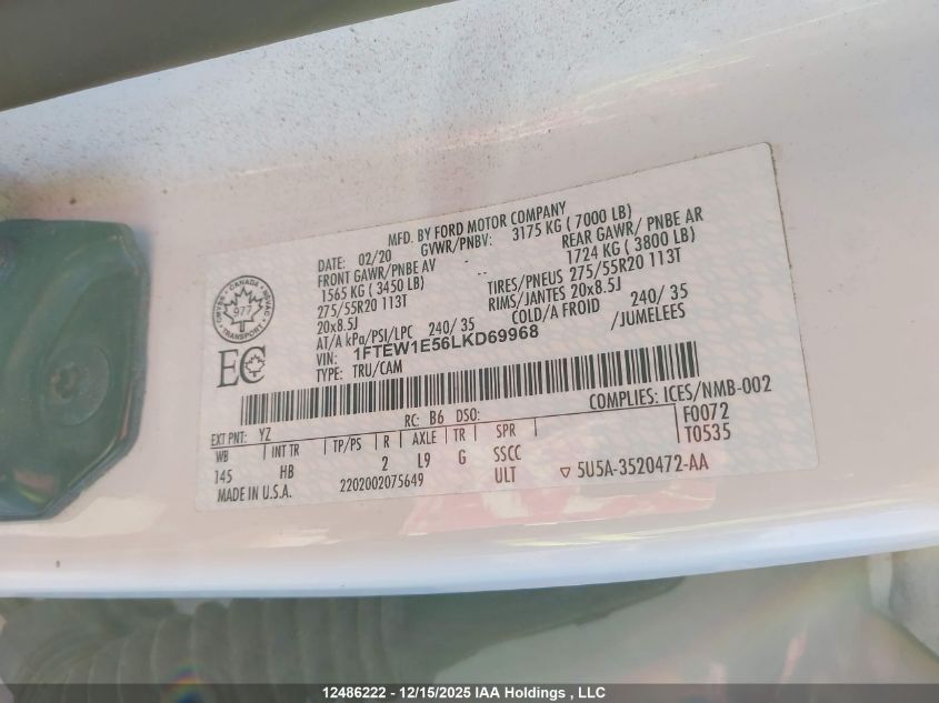 2020 Ford F-150 Lariat VIN: 1FTEW1E56LKD69968 Lot: 12486222
