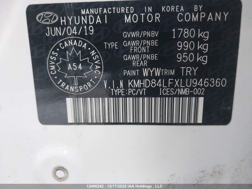 2020 Hyundai Elantra Preferred Auto Ivt VIN: KMHD84LFXLU946360 Lot: 12486242