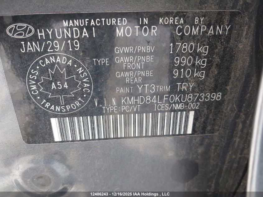 2019 Hyundai Elantra Preferred VIN: KMHD84LF0KU873398 Lot: 12486243