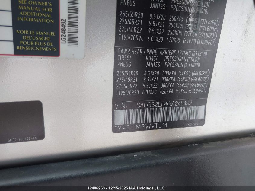 2016 Land Rover Range Rover 5.0L V8 Supercharged VIN: SALGS2EF4GA248492 Lot: 12486253