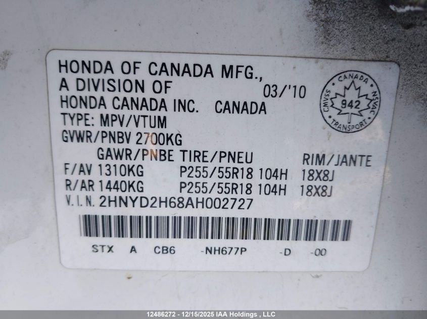 2010 Acura Mdx Technology Package VIN: 2HNYD2H68AH002727 Lot: 12486272