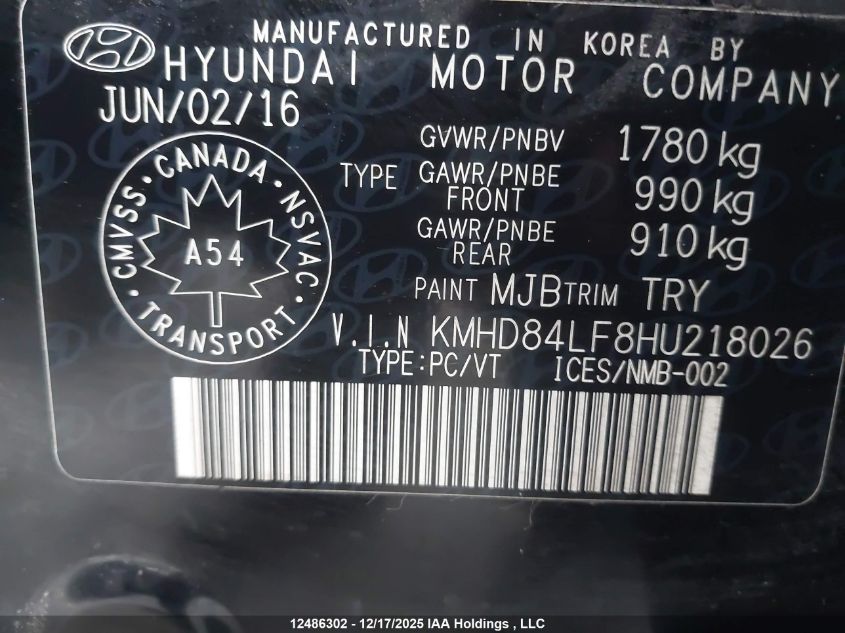 2017 Hyundai Elantra Gl VIN: KMHD84LF8HU218026 Lot: 12486302