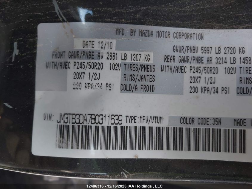 2011 Mazda Cx-9 VIN: JM3TB3DA7B0311639 Lot: 12486316