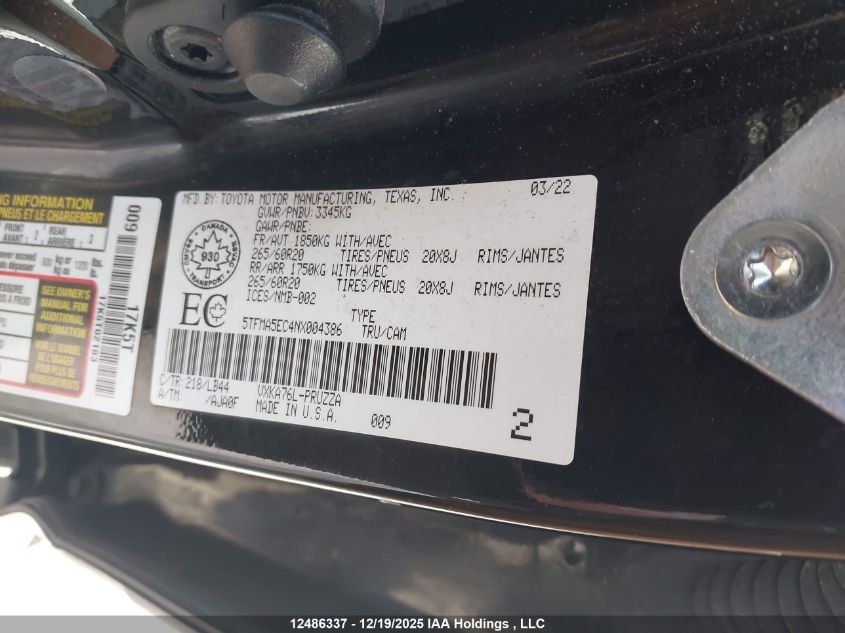 2022 Toyota Tundra Platinum VIN: 5TFMA5EC4NX004386 Lot: 12486337