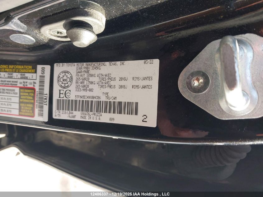 2022 Toyota Tundra Platinum VIN: 5TFMA5EC4NX004386 Lot: 12486337