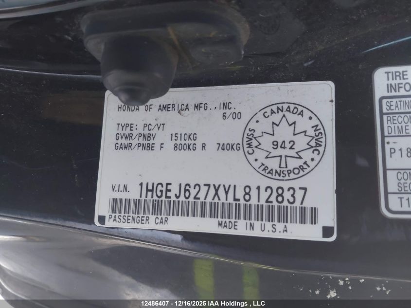 2000 Honda Civic Special Edition VIN: 1HGEJ627XYL812837 Lot: 12486407