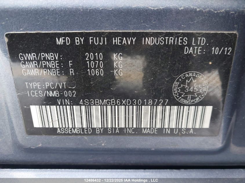 2013 Subaru Legacy 2.5I Touring Package VIN: 4S3BMGB6XD3018727 Lot: 12486432