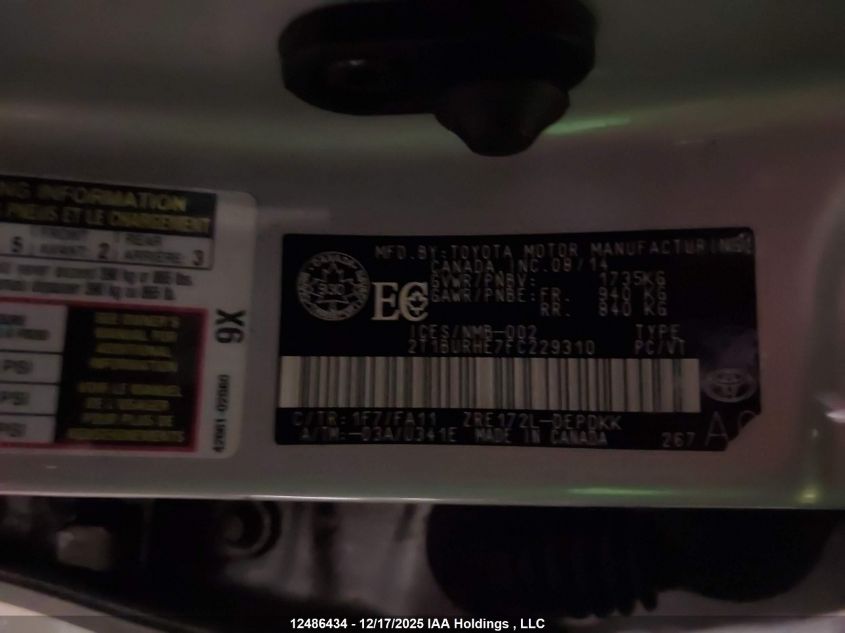 2015 Toyota Corolla Ce VIN: 2T1BURHE7FC229310 Lot: 12486434