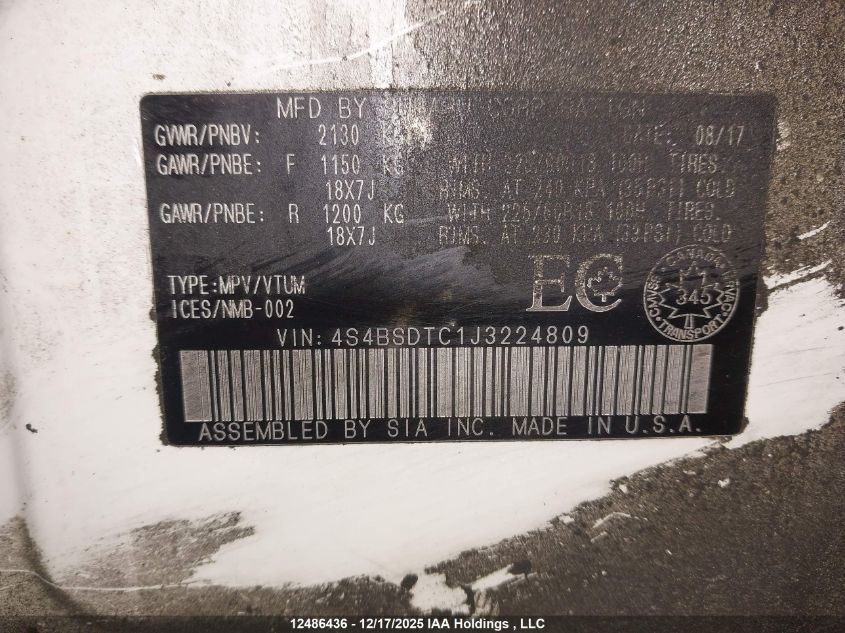 2018 Subaru Outback Touring VIN: 4S4BSDTC1J3224809 Lot: 12486436