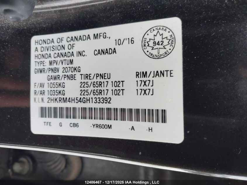 2016 Honda Cr-V Ex VIN: 2HKRM4H54GH133392 Lot: 12486467