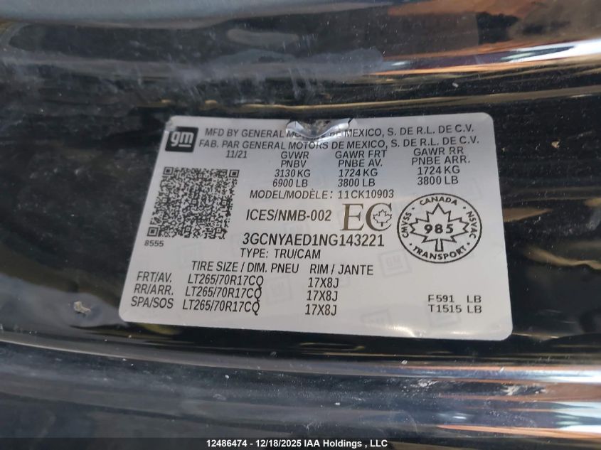 2022 Chevrolet Silverado 1500 Ltd Work Truck VIN: 3GCNYAED1NG143221 Lot: 12486474