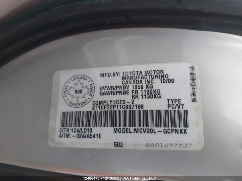 2001 Toyota Camry Solara Se V6 VIN: 2T1CF22P11C837168 Lot: 12486478