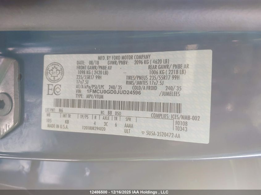 2018 Ford Escape Se VIN: 1FMCU0GD0JUD24596 Lot: 12486500