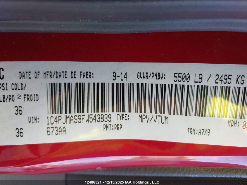 2015 Jeep Cherokee Sport VIN: 1C4PJMAS9FW543839 Lot: 12486521