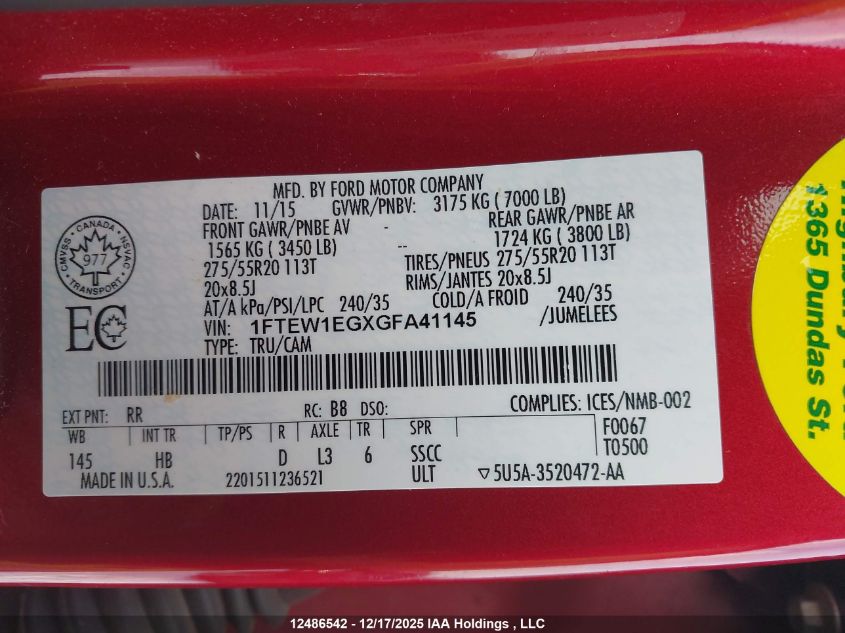 2016 Ford F-150 Lariat VIN: 1FTEW1EGXGFA41145 Lot: 12486542