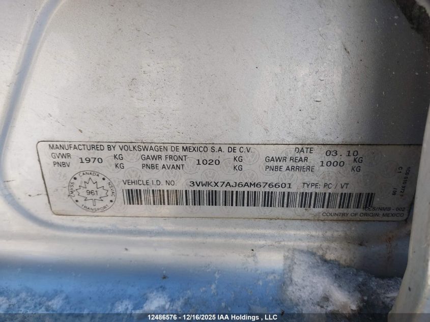 2010 Volkswagen Golf 2.5L Comfortline/2.5L Trendline VIN: 3VWKX7AJ6AM676601 Lot: 12486576