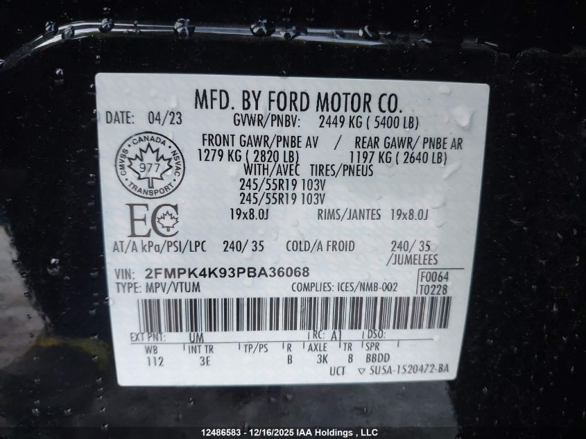 2023 Ford Edge Titanium VIN: 2FMPK4K93PBA36068 Lot: 12486583