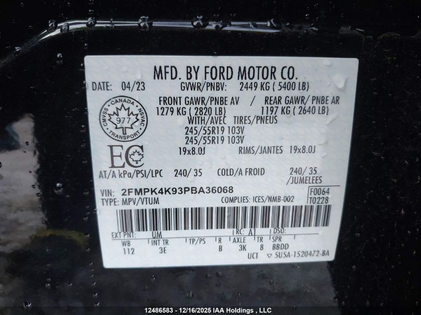 2023 Ford Edge Titanium VIN: 2FMPK4K93PBA36068 Lot: 12486583