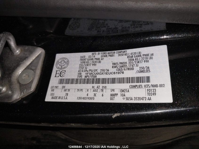 2014 Ford Escape Se VIN: 1FMCU0GX1EUC61976 Lot: 12486644