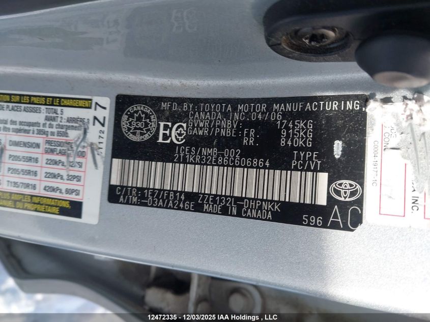 2006 Toyota Matrix Xr/Xrs VIN: 2T1KR32E86C606864 Lot: 12472335X