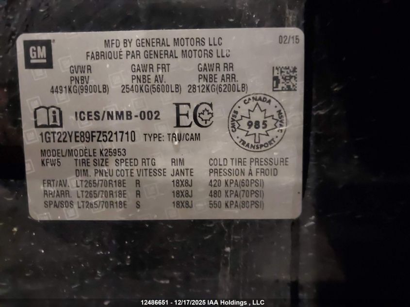 2015 GMC Sierra K2500 Sle VIN: 1GT22YE89FZ521710 Lot: 12486651
