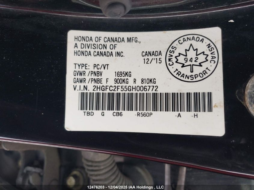 2016 Honda Civic Lx VIN: 2HGFC2F55GH006772 Lot: 12476203X