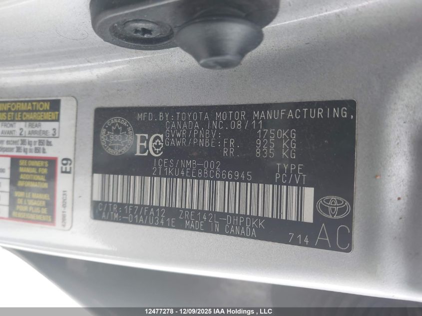 2011 Toyota Matrix VIN: 2T1KU4EE8BC666945 Lot: 12477278X