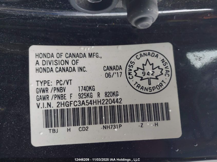 2017 Honda Civic Si Si VIN: 2HGFC3A54HH220442 Lot: 12446209X