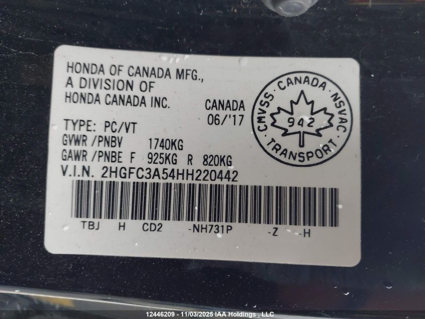 2017 Honda Civic Si Si VIN: 2HGFC3A54HH220442 Lot: 12446209X