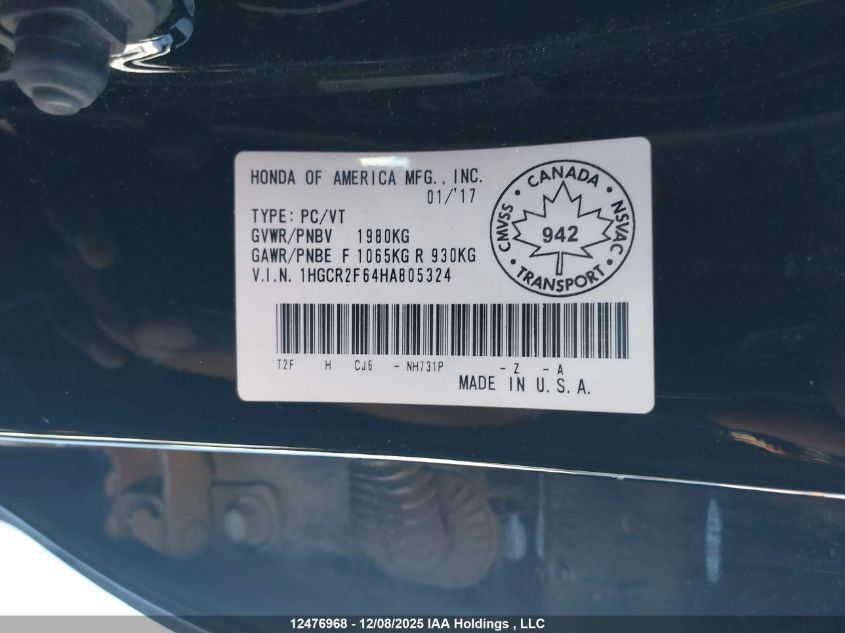 2017 Honda Accord Sport VIN: 1HGCR2F64HA805324 Lot: 12476968X