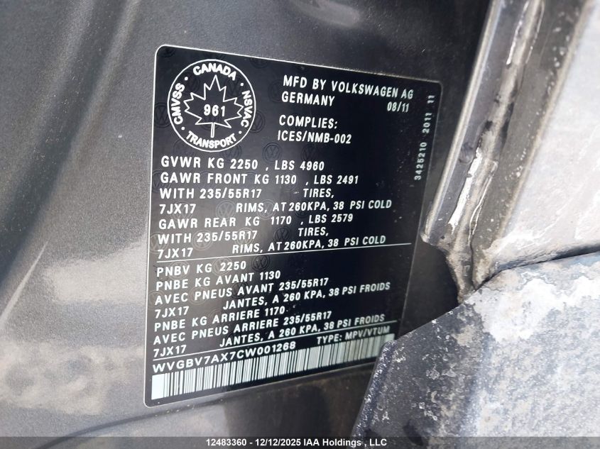 2012 Volkswagen Tiguan 2.0 Tsi Comfortline/2.0 Tsi Highline/2.0 Tsi Trendline VIN: WVGBV7AX7CW001268 Lot: 12483360X