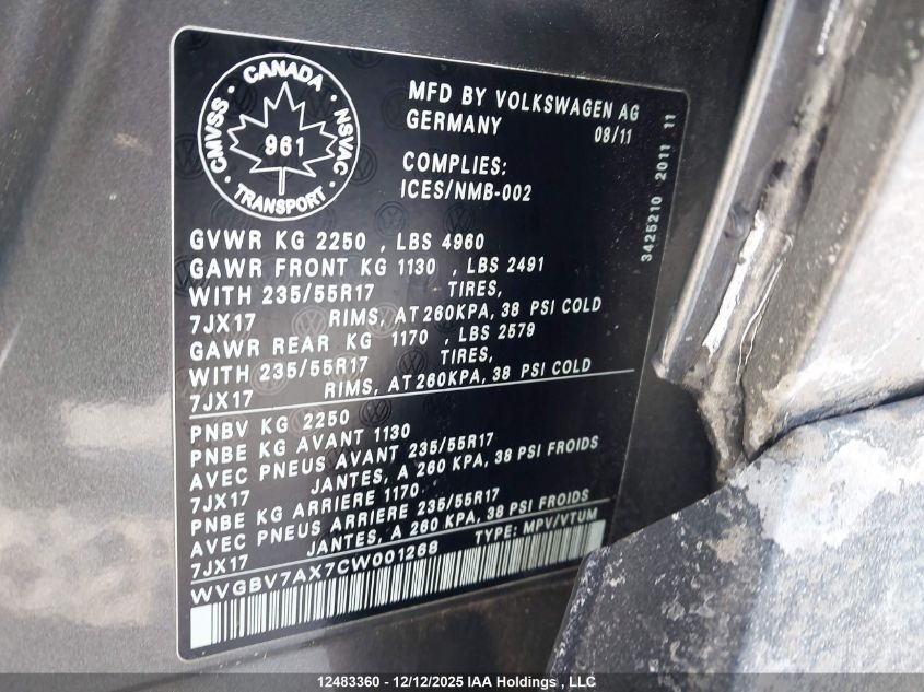 2012 Volkswagen Tiguan 2.0 Tsi Comfortline/2.0 Tsi Highline/2.0 Tsi Trendline VIN: WVGBV7AX7CW001268 Lot: 12483360X