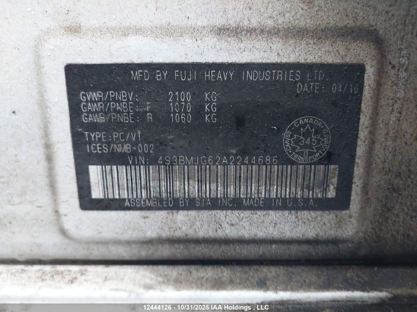 2010 Subaru Legacy 3.6R Premium VIN: 4S3BMJG62A2244686 Lot: 12444126X