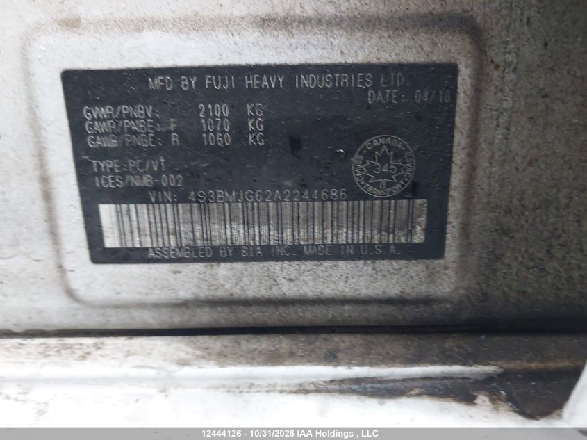 2010 Subaru Legacy 3.6R Premium VIN: 4S3BMJG62A2244686 Lot: 12444126X